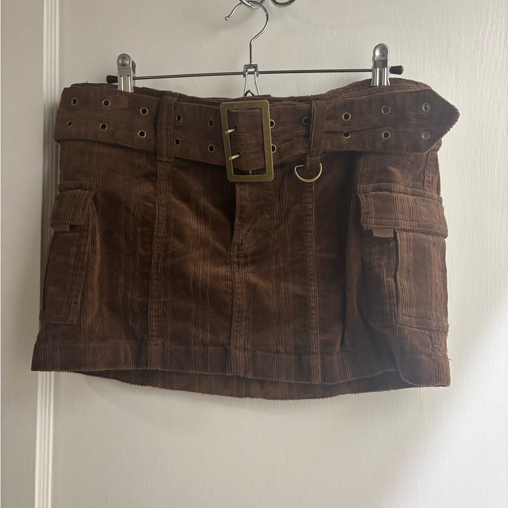 Brown Corduroy Mini Skirt with Belt